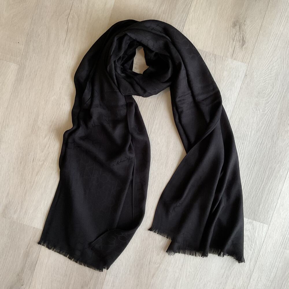 Calvin Klein Fringed Black Monogram Scarf 72 x 27